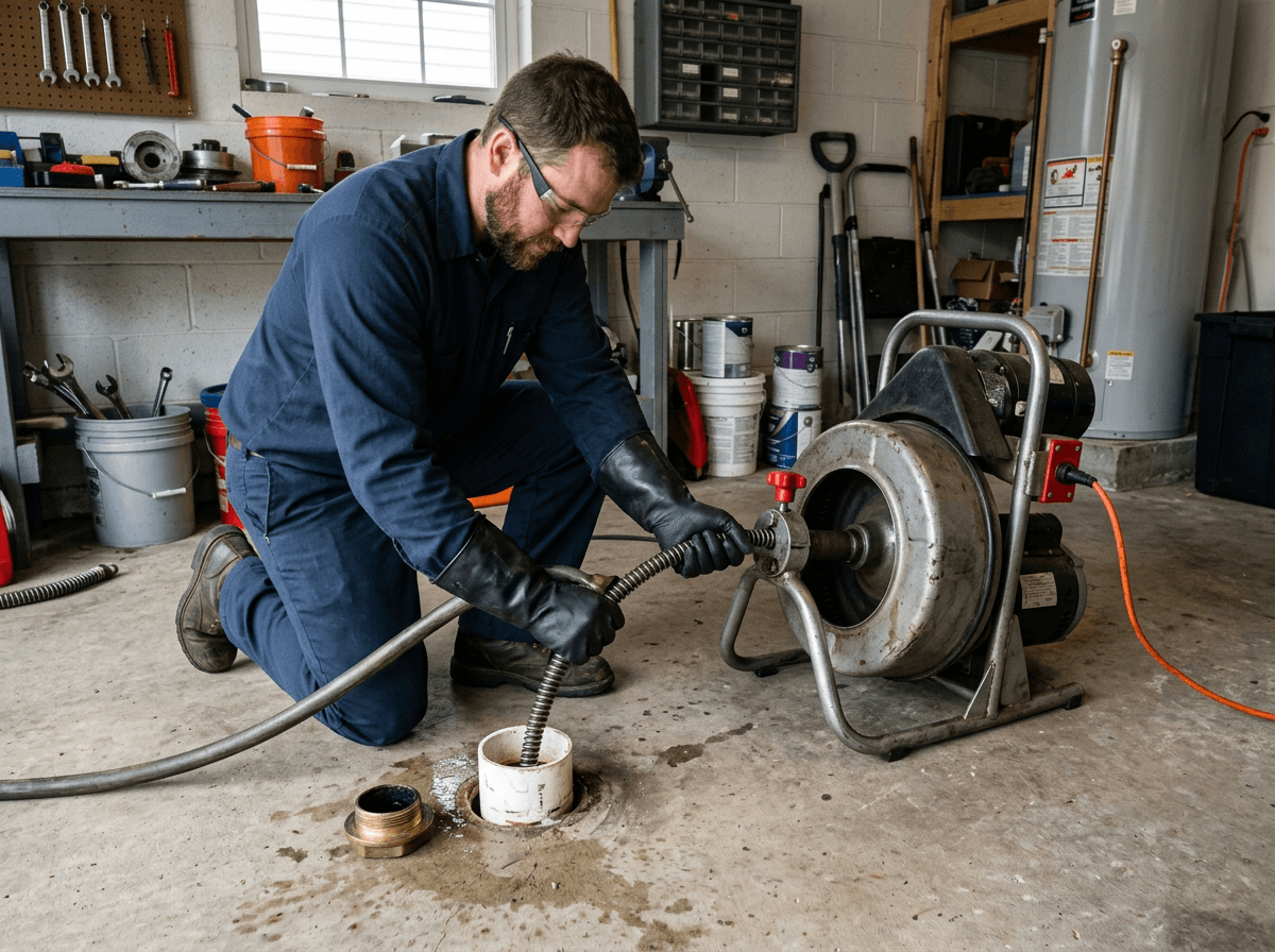Plumber running a drain cleaning machine into a sewer cleanout