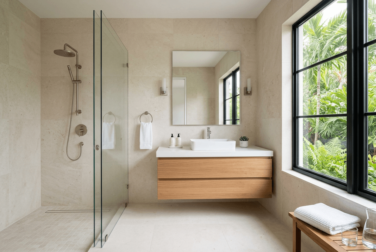 Bright residential bathroom with a walk-in shower