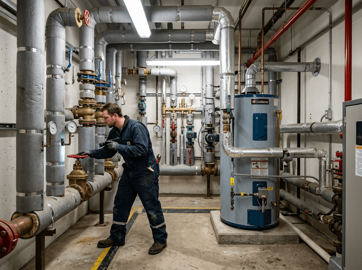 Plumber inspecting valves in a commercial building mechanical room